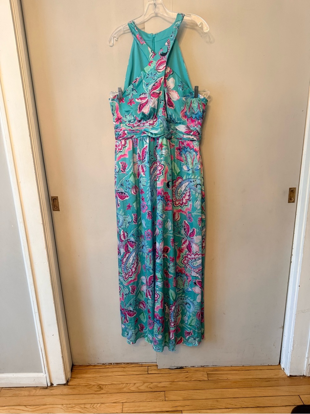 Turquoise Floral Halter Maxi Dress - Plus - Picture 2 of 4